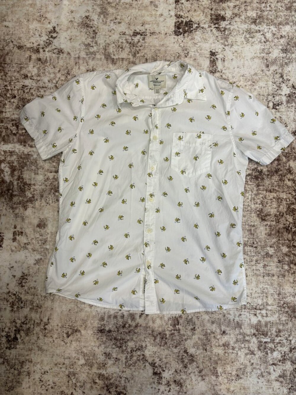 American Eagle Men’s "Seriously Soft" Banana Print Short Sleeve Button-Up Shirt
